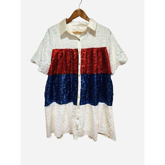 Peach Love Women’s Medium Sequin Dress Button Down Red White Blue Party Tunic - Picture 8 of 11